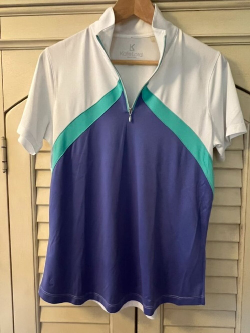 Kate Lord Women’s Golf Polo Shirt White/Blue/Green Stripe - Size Medium